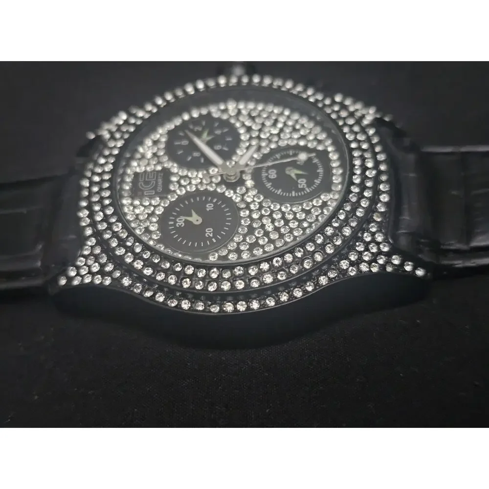 54.1mm black crystal stone Fashion Analog Quartz watch w/Black Faux Leather Band